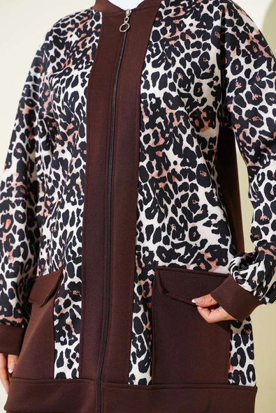 Çift Cepli Leopar Garnili İkili Takım Kahve - Resim 4