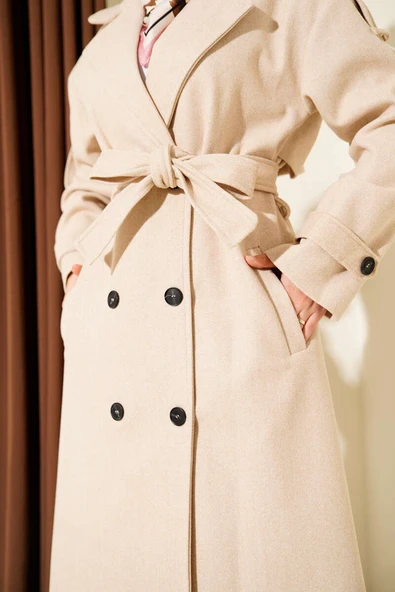 Kuşaklı Düğme Detaylı Kaşe Kaban Latte - Resim 4
