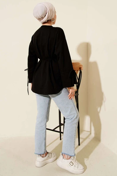 Kolları Bağcıklı İki İpli Tunik Siyah - Resim 3