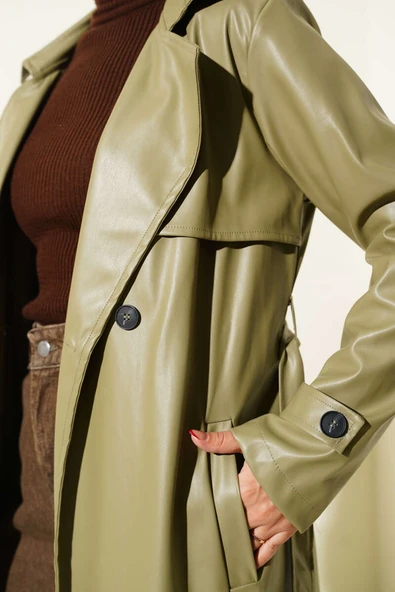 Tek Düğmeli Kuşaklı Deri Trençkot Çağla Yeşili - Resim 4