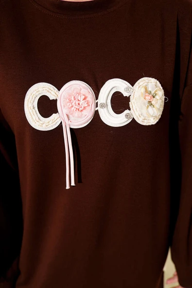 Loyşa Coco Yazı Süslemeli Tunik Kahve - Resim 4