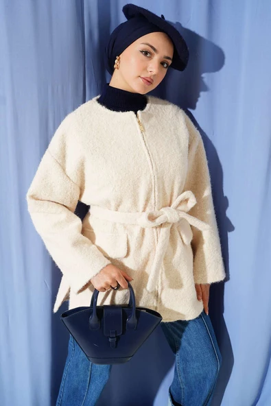 Fermuarlı Kuşaklı Keçe Ceket Ekru ürün görseli 1