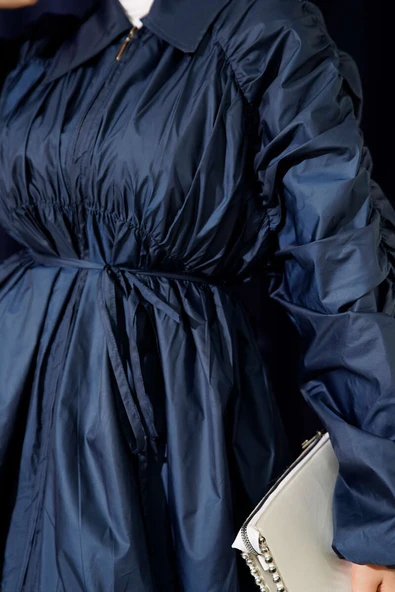 Kol Büzgülü Fermuarlı Trençkot Lacivert - Resim 4