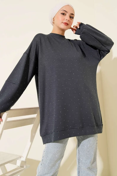 Minik Taş Süslemeli Loyşa Tunik Füme ürün görseli 1