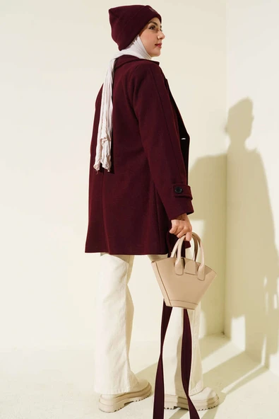 Kruvaze Yaka Kuşak Detaylı Kısa Kaşe Kaban Bordo - Resim 3