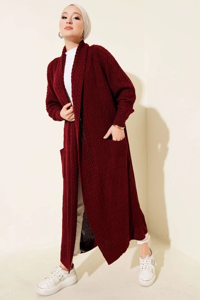 Şal Yaka Örgü Kabartmalı Triko Hırka Bordo ürün görseli