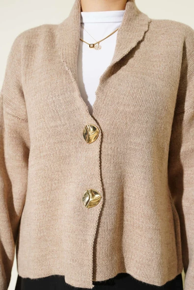 Çift Gold Düğmeli Kısa Triko Hırka Bej - Resim 4