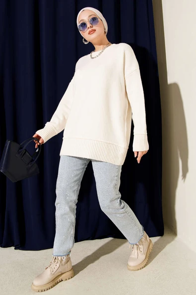 Alt Dikişli Yumoş Triko Tunik Ekru - Resim 2