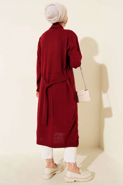 Yandan Dikişli Bağcıklı Hırka Bordo - Resim 3