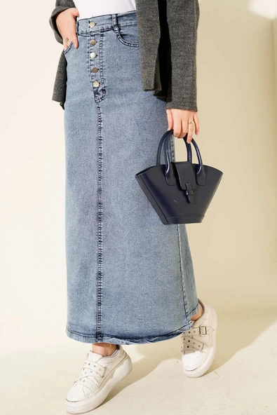 Beş Düğmeli Kot Etek Kot Mavi ürün görseli 1