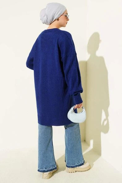 Bisiklet Yaka Yumoş Yan Yırtmaçlı Triko Tunik Lacivert - Resim 3