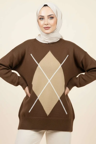 Baklava Desen Triko Kazak Kahve Latte ürün görseli