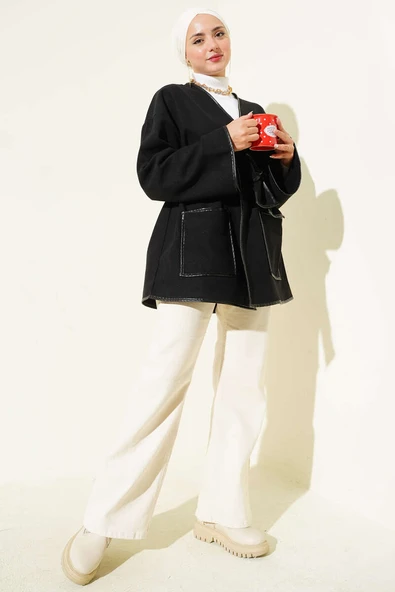 Deri Biyeli Cepli Ceket Siyah - Resim 2