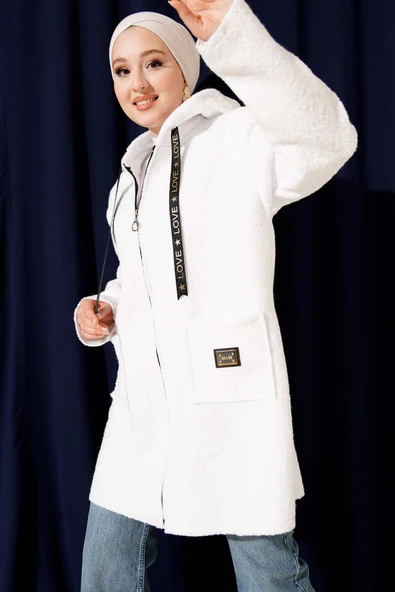 Fermuarlı Cep Armalı Buklet Kaban Beyaz ürün görseli 1