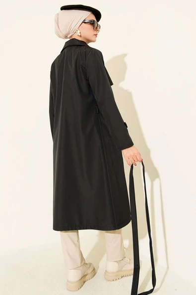 Pelerinli Tek Düğmeli Kuşaklı Trençkot Siyah - Resim 3