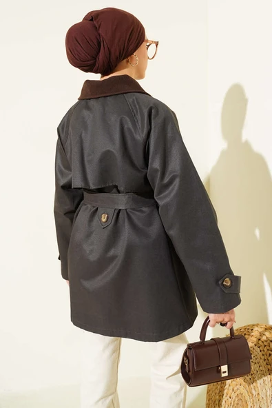 Kadife Yaka Kuşaklı Trençkot Kahve - Resim 3