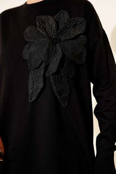 Büyük Çiçek Desenli  Triko Tunik Siyah - Resim 4