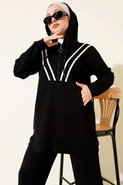 Şeritli Yarım Fermuarlı Loyşa İkili Takım Siyah - Resim 2