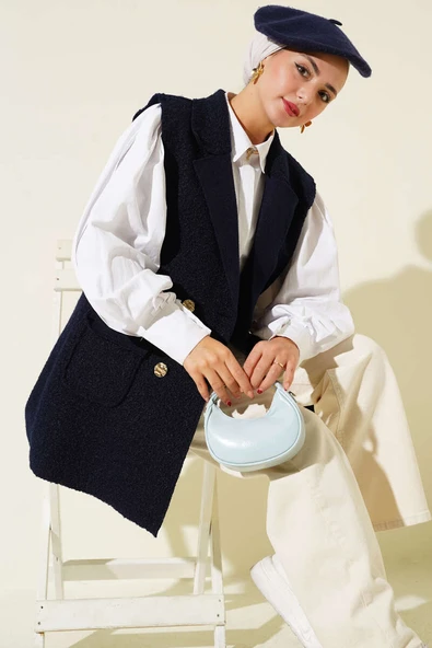 Kruvaze Yaka Düğmeli Detaylı Yelek Lacivert - Resim 2