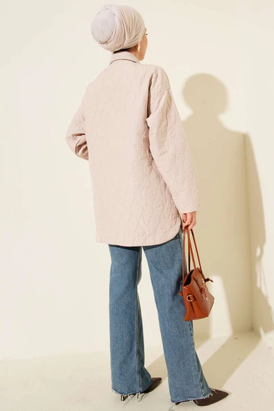 Dalga Desen Kapitone Ceket Bej - Resim 3