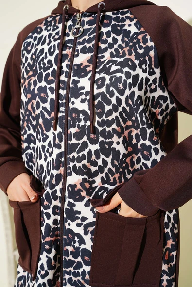 Kapüşonlu Cepli Leoparlı Scuba İkili Takım Kahve - Resim 4