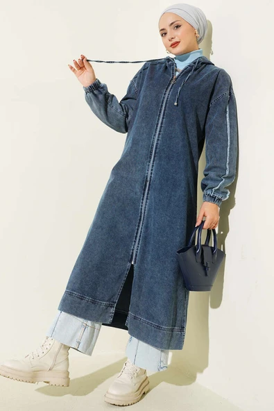 Kapüşonlu Fermuarlı Kot Kap Koyu Mavi ürün görseli 1