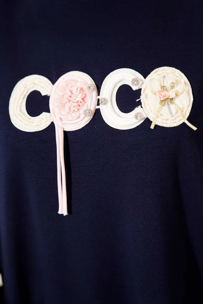 Loyşa Coco Yazı Süslemeli Tunik Lacivert - Resim 4