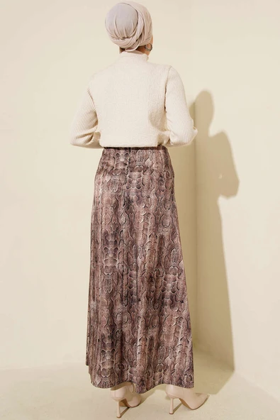 Desen Detaylı Saten Etek Kahve - Resim 3