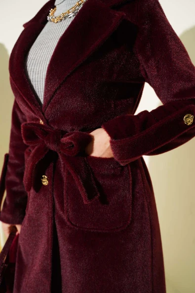 Bilek Apoletli Kuşaklı Tay Tüyü Kaban Bordo - Resim 4