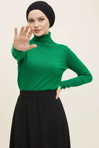 Kol Düğmeli Balıkçı Yaka Triko Kazak Yeşil ürün görseli