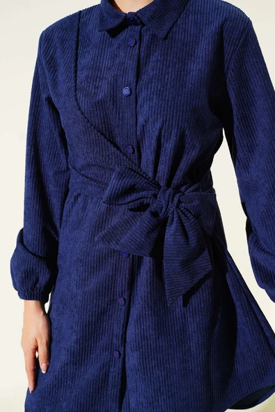 Yan Bağlamalı Kadife Fitilli İkili Takım Lacivert - Resim 4