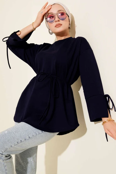 Kolları Bağcıklı İki İpli Tunik Lacivert ürün görseli