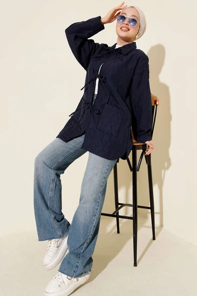 Dalga Desen Kapitone Ceket Lacivert - Resim 2