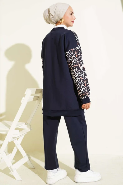 Çift Cepli Leopar Garnili İkili Takım Lacivert - Resim 3