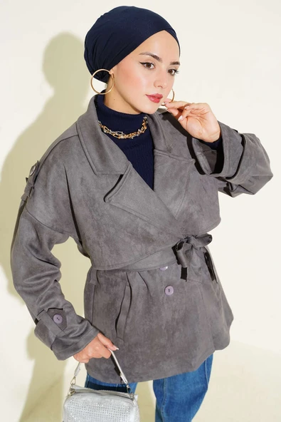 Süet Pelerinli Kuşaklı Trençkot Füme ürün görseli 1