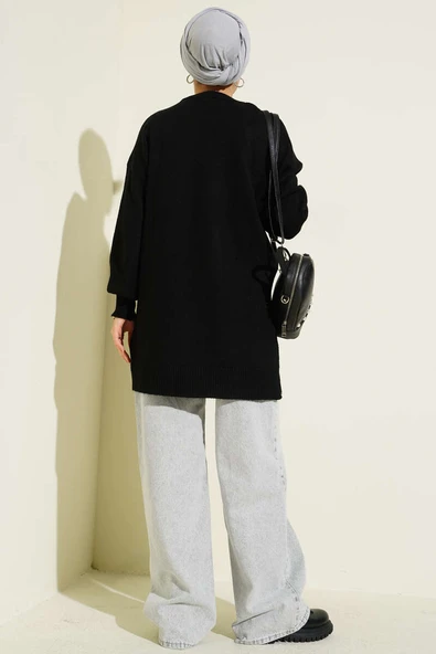 Çiçek Detaylı Yumoş Triko Tunik Siyah - Resim 3