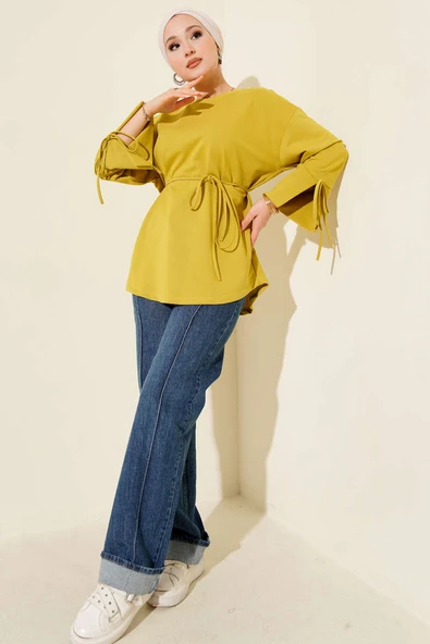 Kolları Bağcıklı İki İpli Tunik Yağ Yeşili - Resim 2