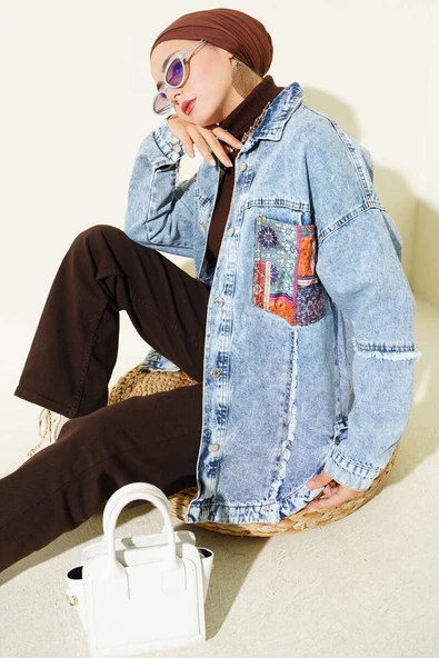 Etnik Desenli Püsküllü Kot Ceket Kot Mavisi ürün görseli 1