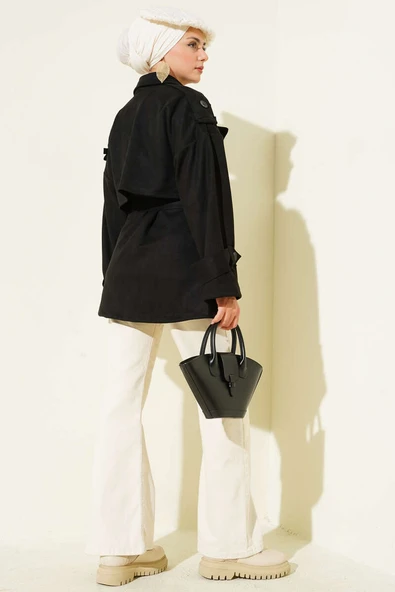 Süet Pelerinli Kuşaklı Trençkot Siyah - Resim 3