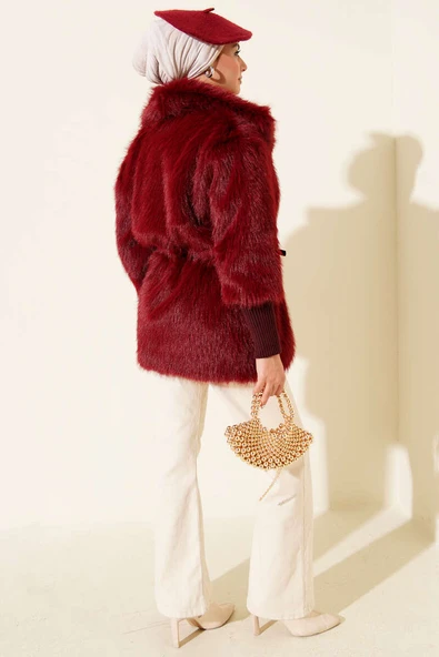 Bilek Ribanalı Kürklü Mont Bordo - Resim 3