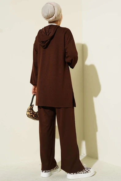 Yanları Metal Düğmeli Kapşonlu İkili Takım Kahve - Resim 3