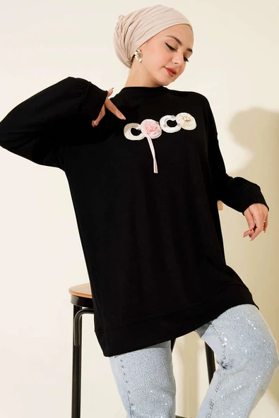 Loyşa Coco Yazı Süslemeli Tunik Siyah ürün görseli