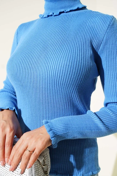 Balıkçı Yaka Fırfırlı Triko Kazak Mavi - Resim 4