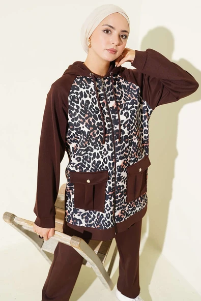 Kapüşonlu Cepli Leoparlı Scuba İkili Takım Kahve - Resim 2