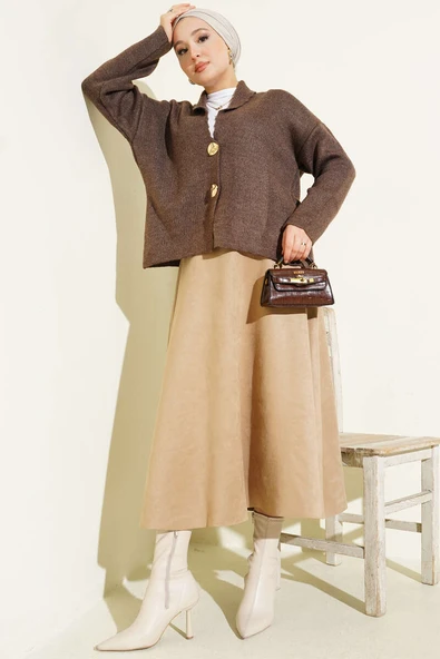 Çift Gold Düğmeli Kısa Triko Hırka Vizon - Resim 2