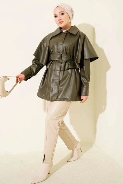 Pelerinli Kemerli Deri Ceket Haki - Resim 2