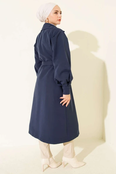 Kruvaze Yaka Kuşak Detaylı Trençkot Lacivert - Resim 3