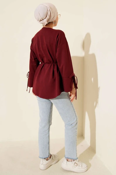 Kolları Bağcıklı İki İpli Tunik Bordo - Resim 3