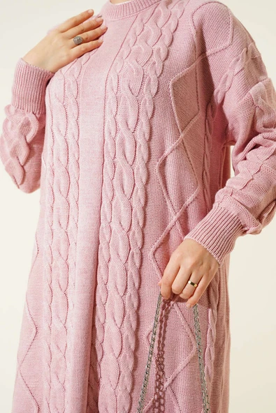 Örgü Desenli Triko Elbise Pudra - Resim 4