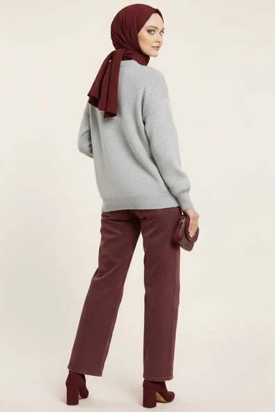 Baklava Desen Triko Kazak Gri Bordo - Resim 3